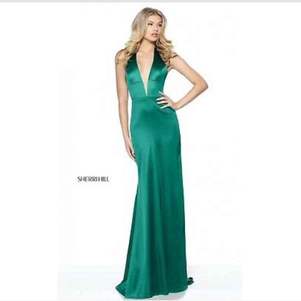 Sherri Hill Emerald Plunge Neck Satin Gown